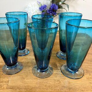Hand Blown Biot Style Blue Glass Tumblers Set of 6 – French Bubble Glass Barware